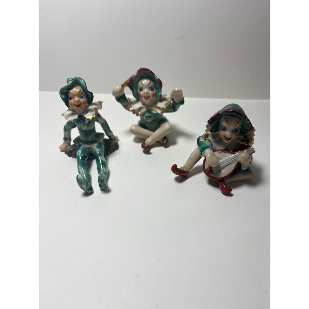 Vintage Porcelain Elf Jester Figurine Set 3 Piece Pixie Occupied Japan